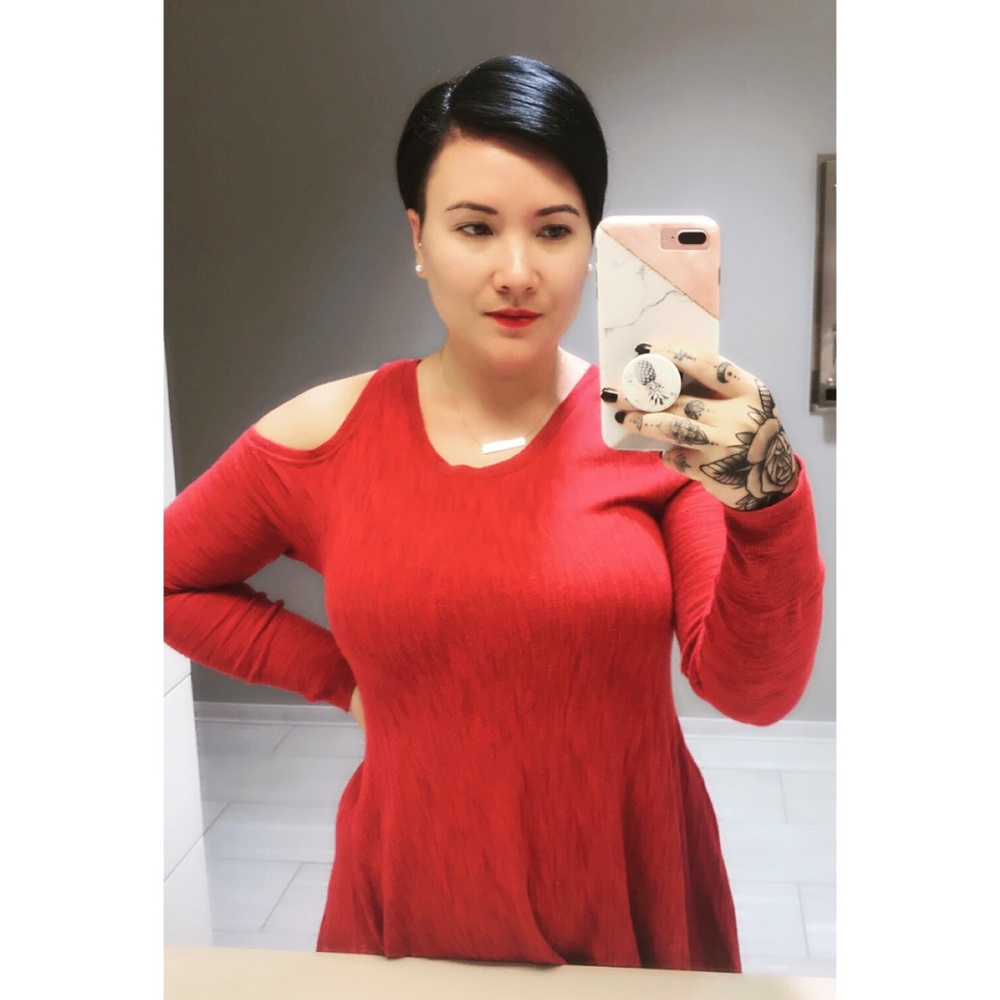 Red cold shoulder sweater